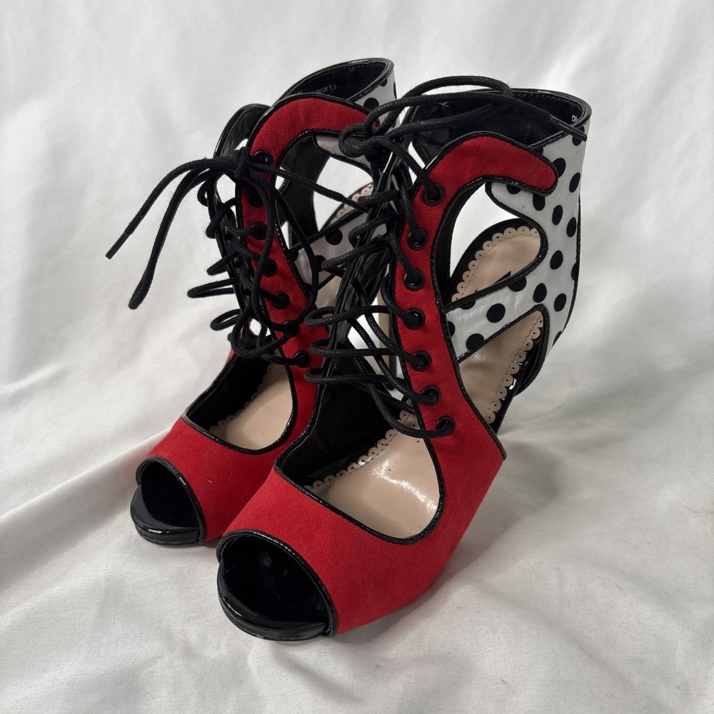 Madison By‎ Shoedazzle Deon 5.5 Red Black Polka Dot Stiletto Lace Up Heels